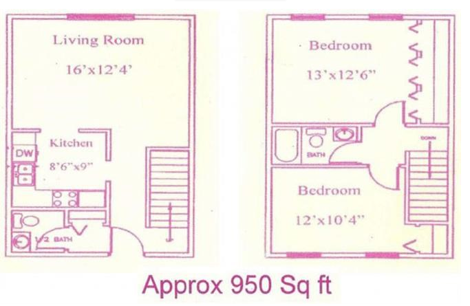 Floor plan for 2 beds, 1.5 baths, 950 sqft
